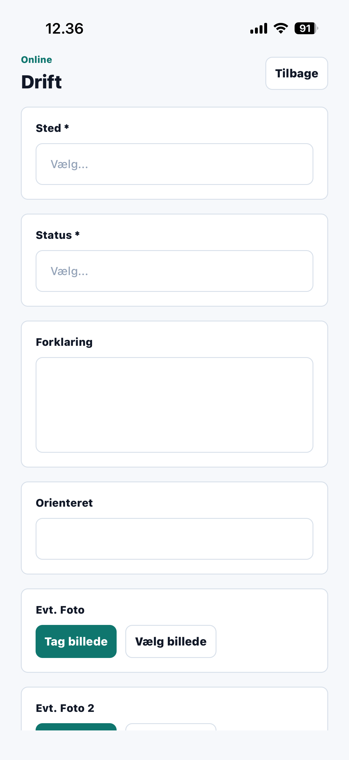 Eventlog app hvor en medarbejder udfylder en log med felter og foto