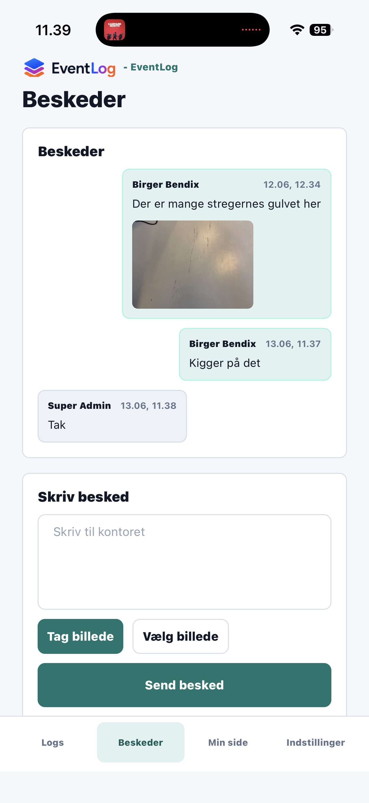 Eventlog app med beskeder og billeddokumentation