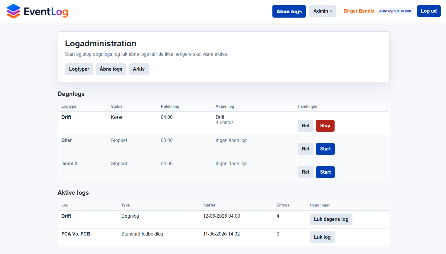 Eventlog webadministration med døgnlogs, aktive logs og arkiv